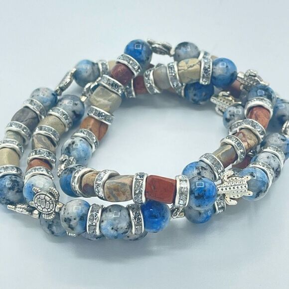 Sea Turtle K2 Picasso stone jasper crystal beaded stretch bracelet ONE NEW rhine - Picture 2 of 8
